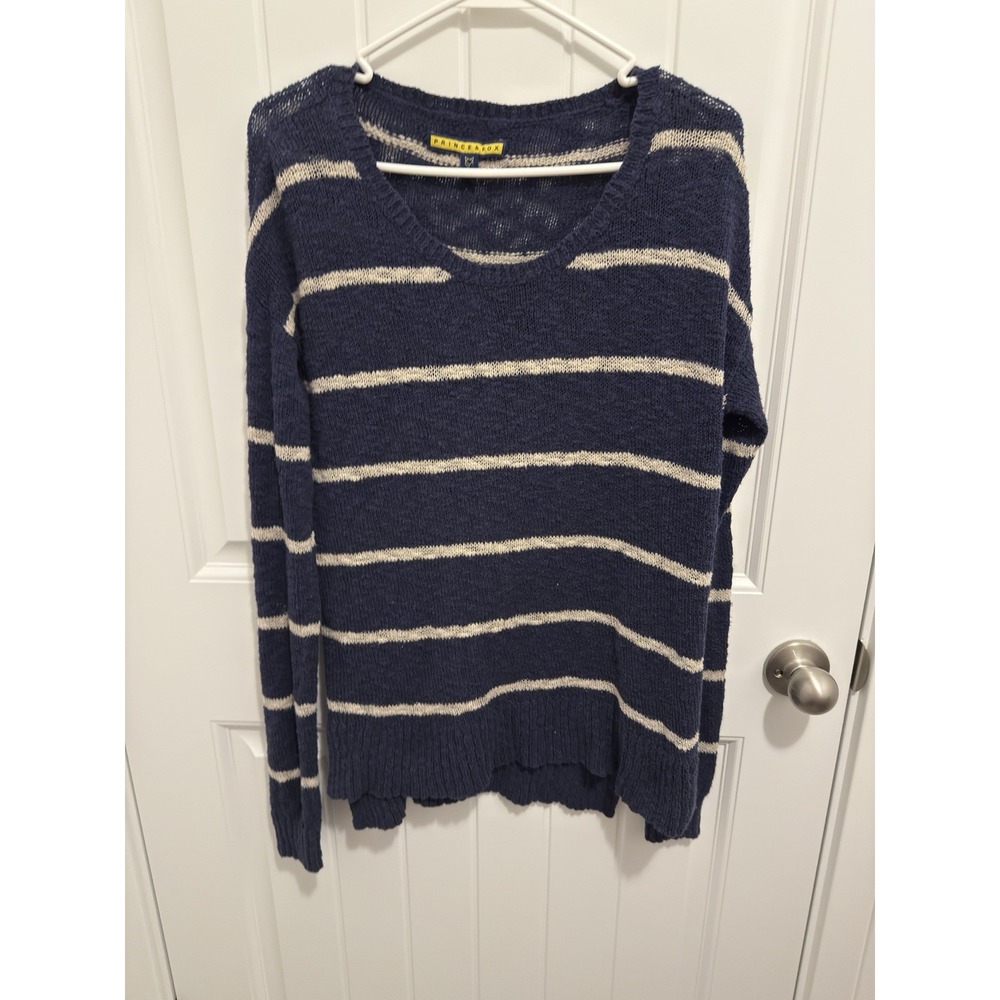 Prince & Fox Womens Navy Blue White Striped Knit Scoop Neck Sweater Large